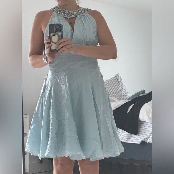 Silk & Beaded Halter Dress - Light Blue - Picture 7 of 8